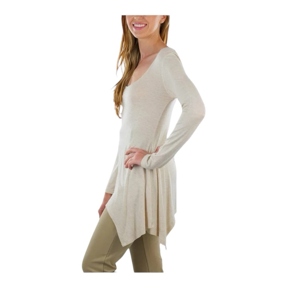 🏷️ FREE PEOPLE Oversized Handkerchief Hemline Round Neck Henley XS Cream VGC